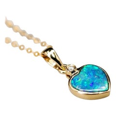 Heart Shaped Australian Doublet Opal Diamond Pendant Necklace 14k Yellow Gold
