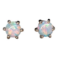 Round Shaped Six Prong Australian Solid Opal Stud Earrings 14K Yellow Gold