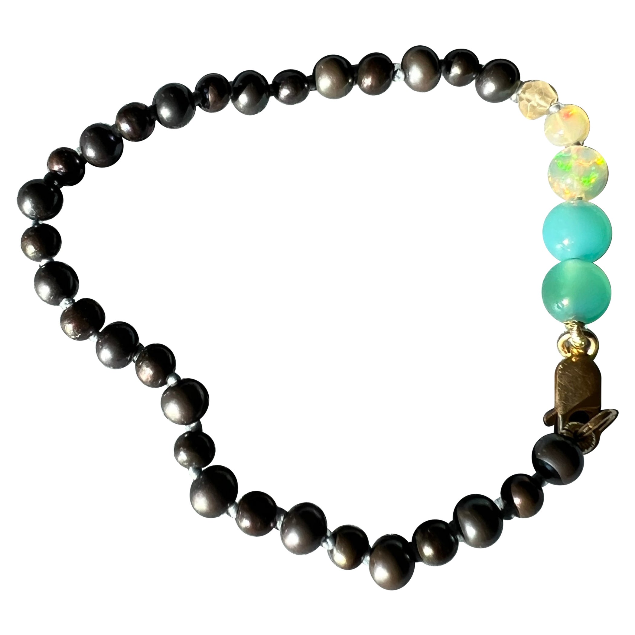 Egyptian Opal Turquoise Colored Gem Black Pearl Bracelet