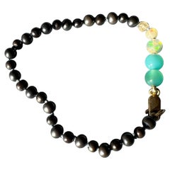 Egyptian Opal Turquoise Colored Gem Black Pearl Bracelet