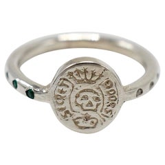 Crest Signet Skull Ring Emerald White Diamond Memento Mori Style Silver