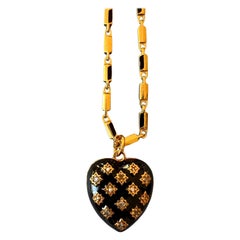 Puffy Heart Necklace White Diamond Black Enamel Victorian Style