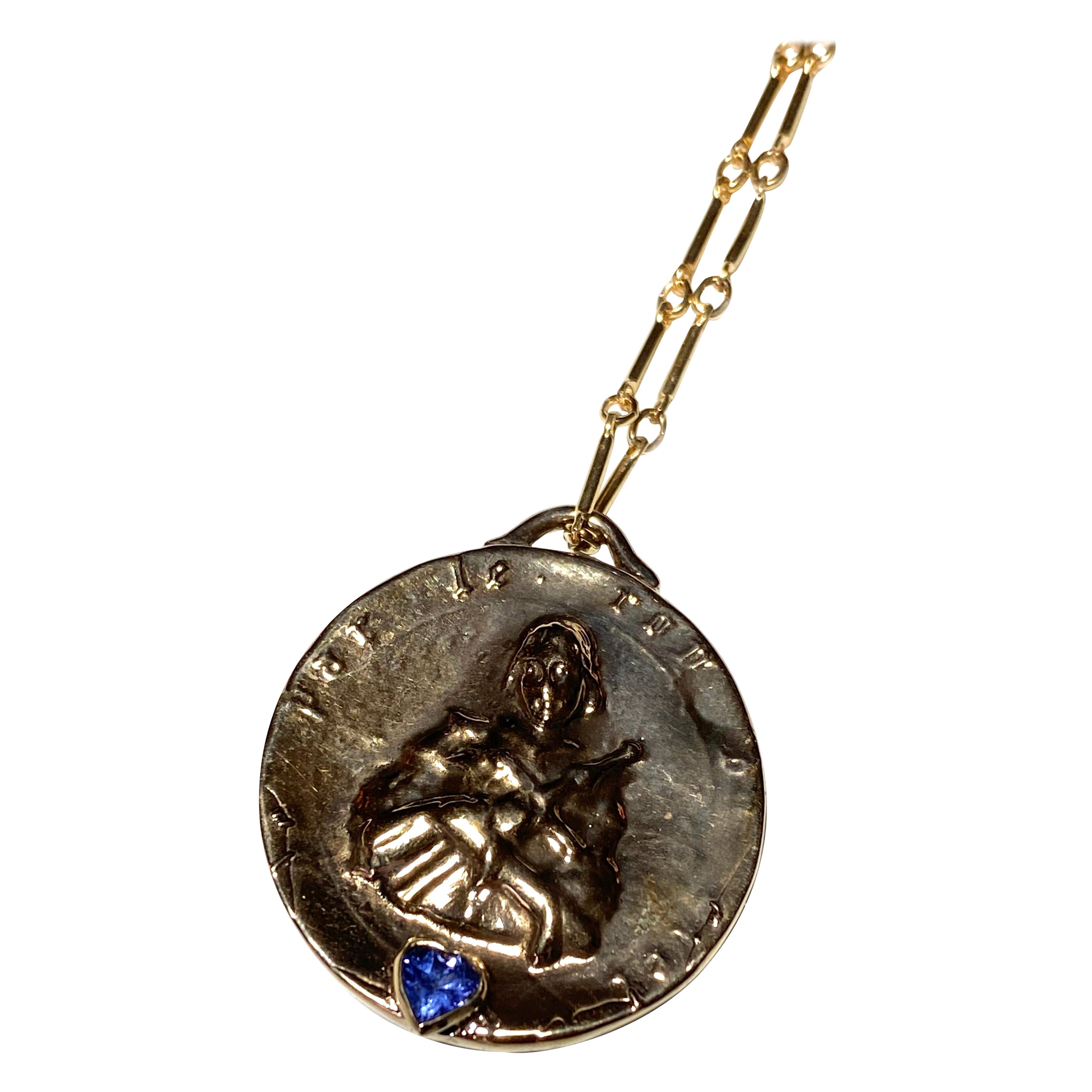 Medal Long Chain Necklace Joan of Arc Tanzanite Heart