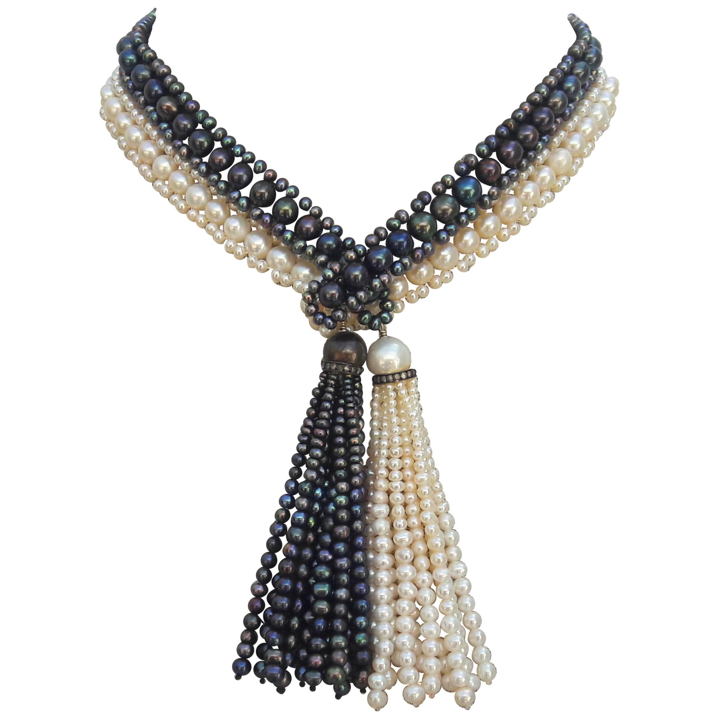 Marina J. Long Woven Black and White Pearl Sautoir Necklace in Art Deco Style 