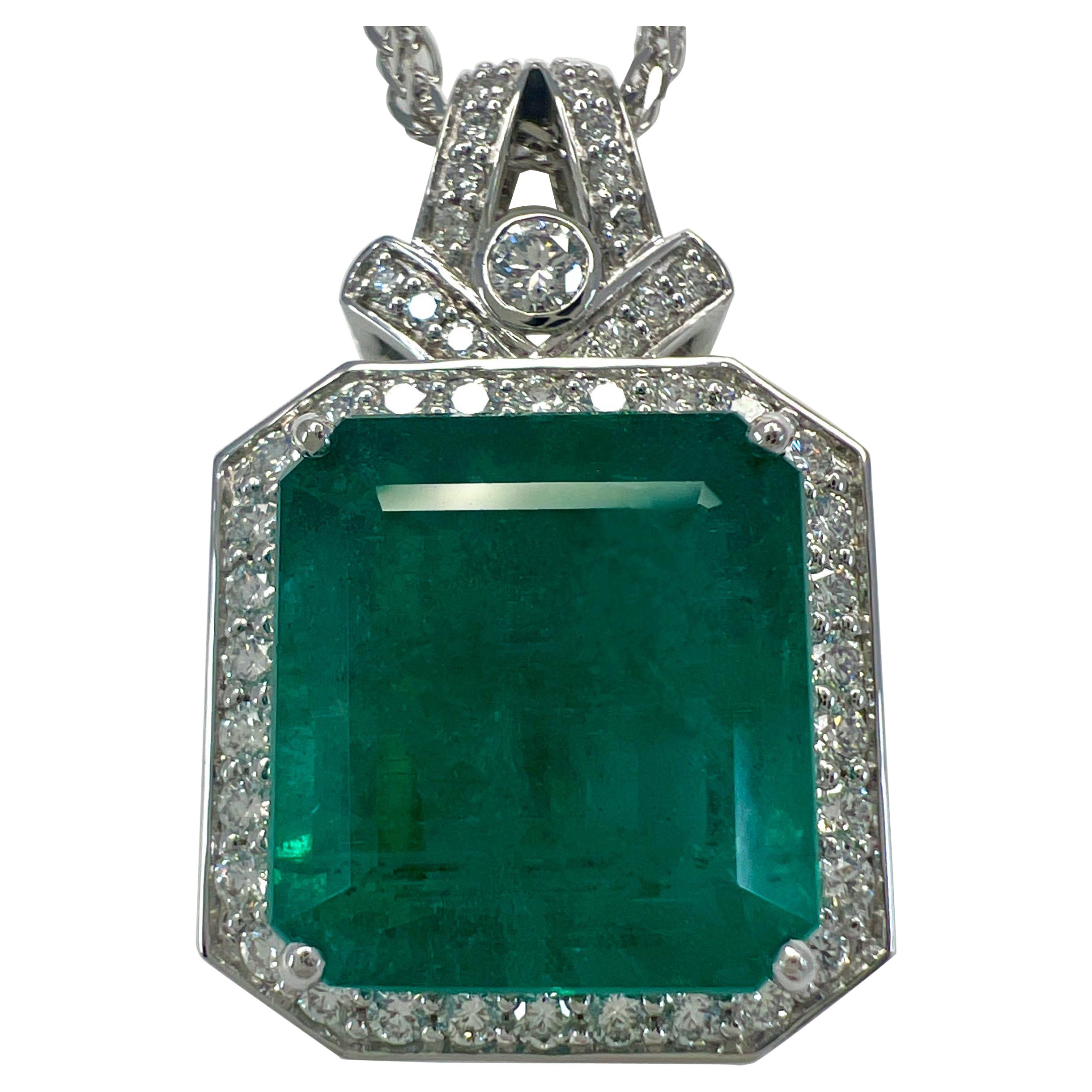 15.10ct GIA Certified Zambia Emerald & Diamond 18k White Gold Pendant Necklace