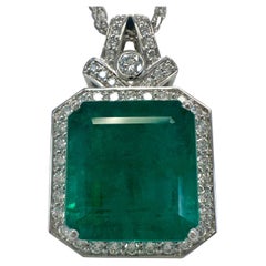 15.10ct GIA Certified Zambia Emerald & Diamond 18k White Gold Pendant Necklace