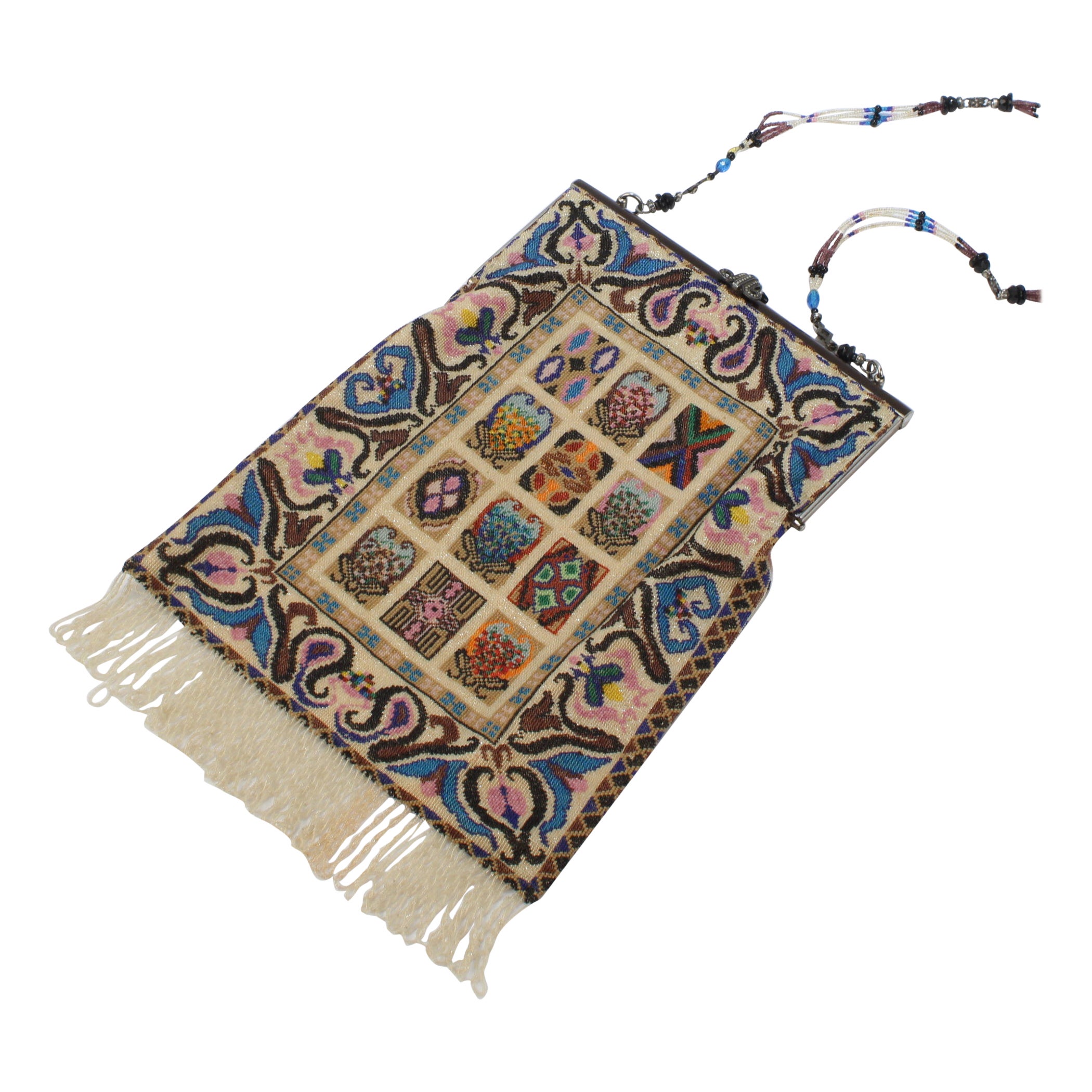 Antique Micro Rug / Tapestry Pattern Beaded Bag with an Enameled Marcasite Frame For Sale