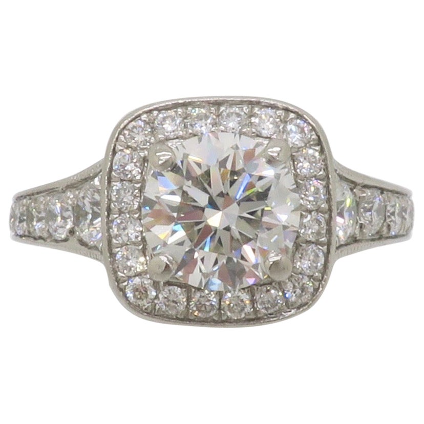 Gabriel & Co. Palladium Halo Diamond Engagement Ring - AGS Certified Ideal For Sale