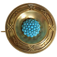 18K Victorian Yellow Gold Turquoise Target Brooch
