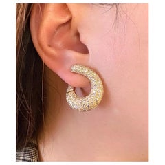 French Pave Diamond Crescent Hoop Earrings in 18k Yellow Gold