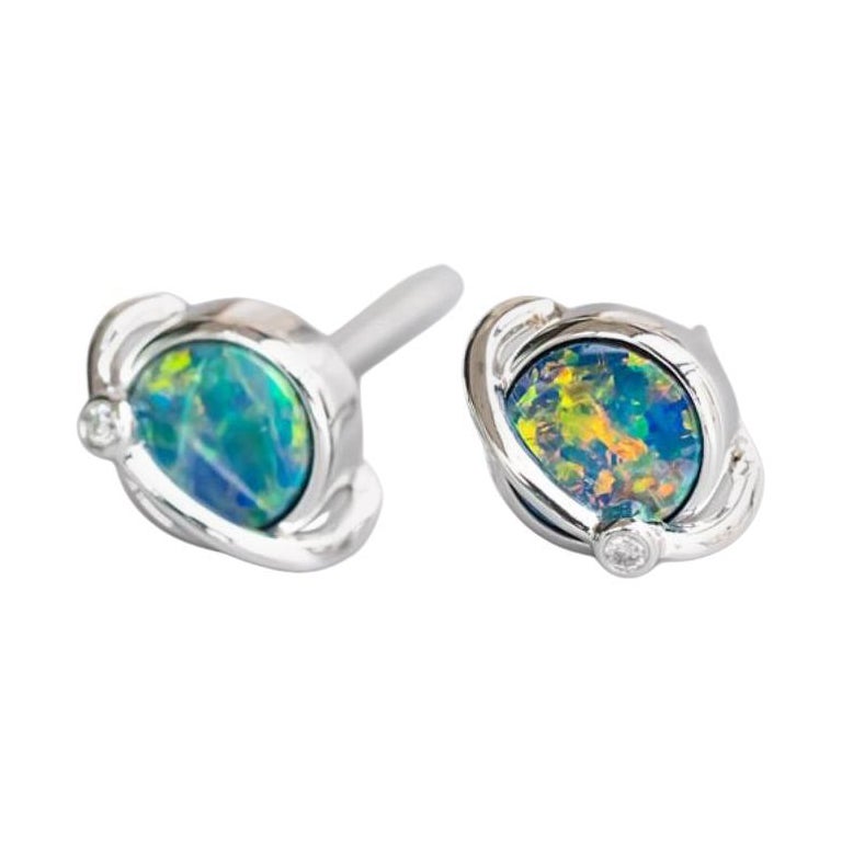 Earth Moon Design Australian Doublet Opal & Diamond Stud Earrings 18K White Gold For Sale