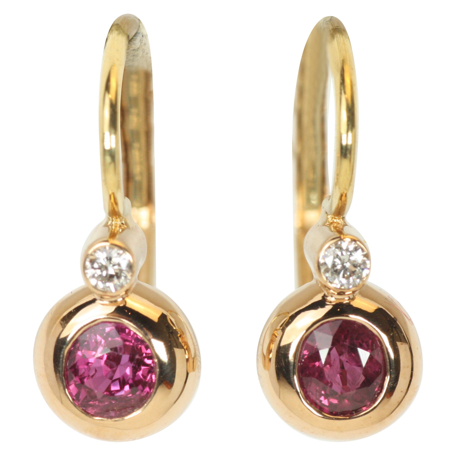 Victorian Bezel Earrings with Ruby & Diamond in 18K Rose Gold, 14K French Backs For Sale