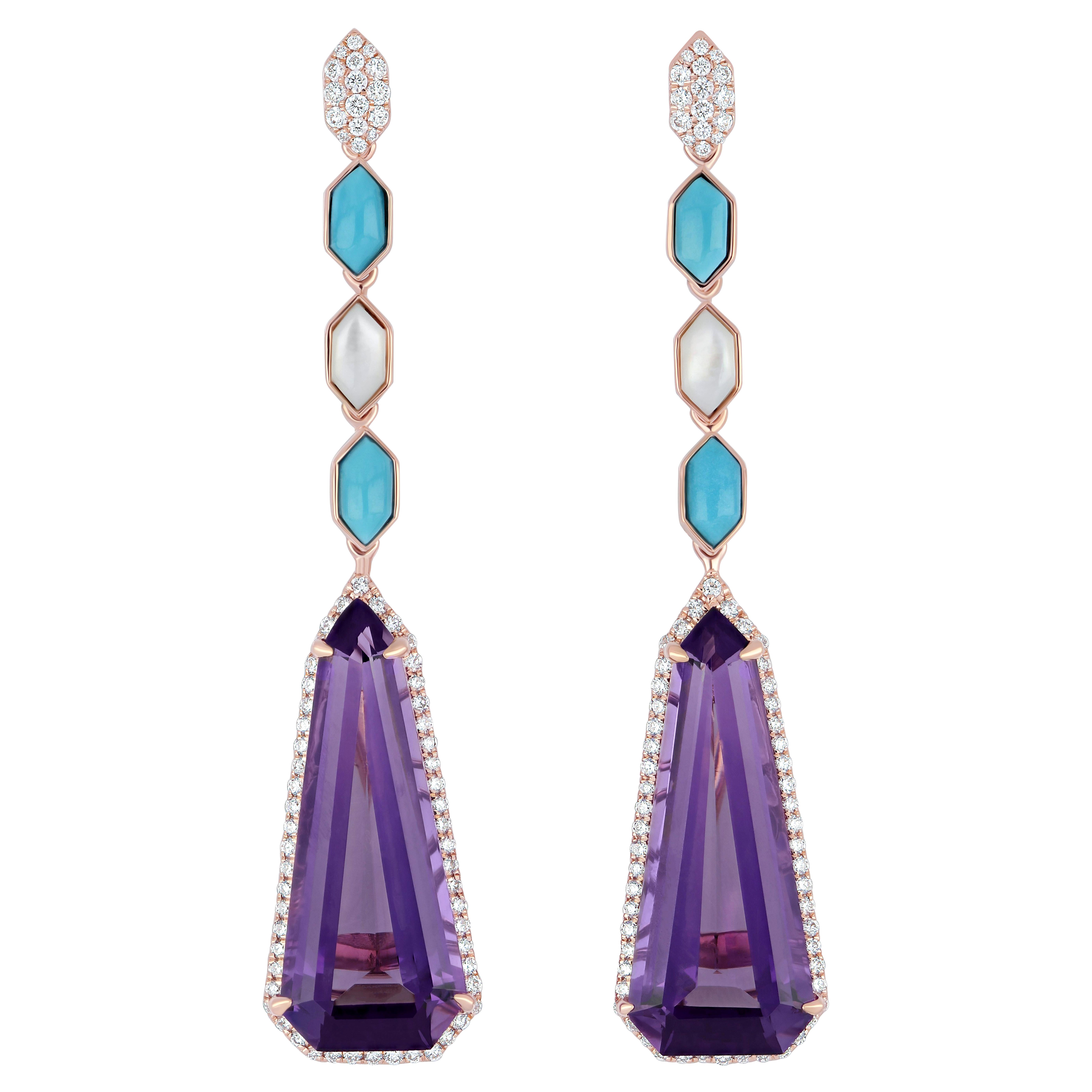 Elongated Amethyst, Turquoise, MOP and Diamond Studded Earrings in 14K Rose Gold