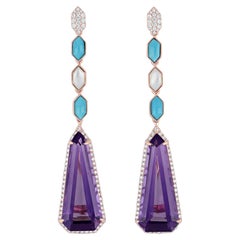 Elongated Amethyst, Turquoise, MOP and Diamond Studded Earrings in 14K Rose Gold