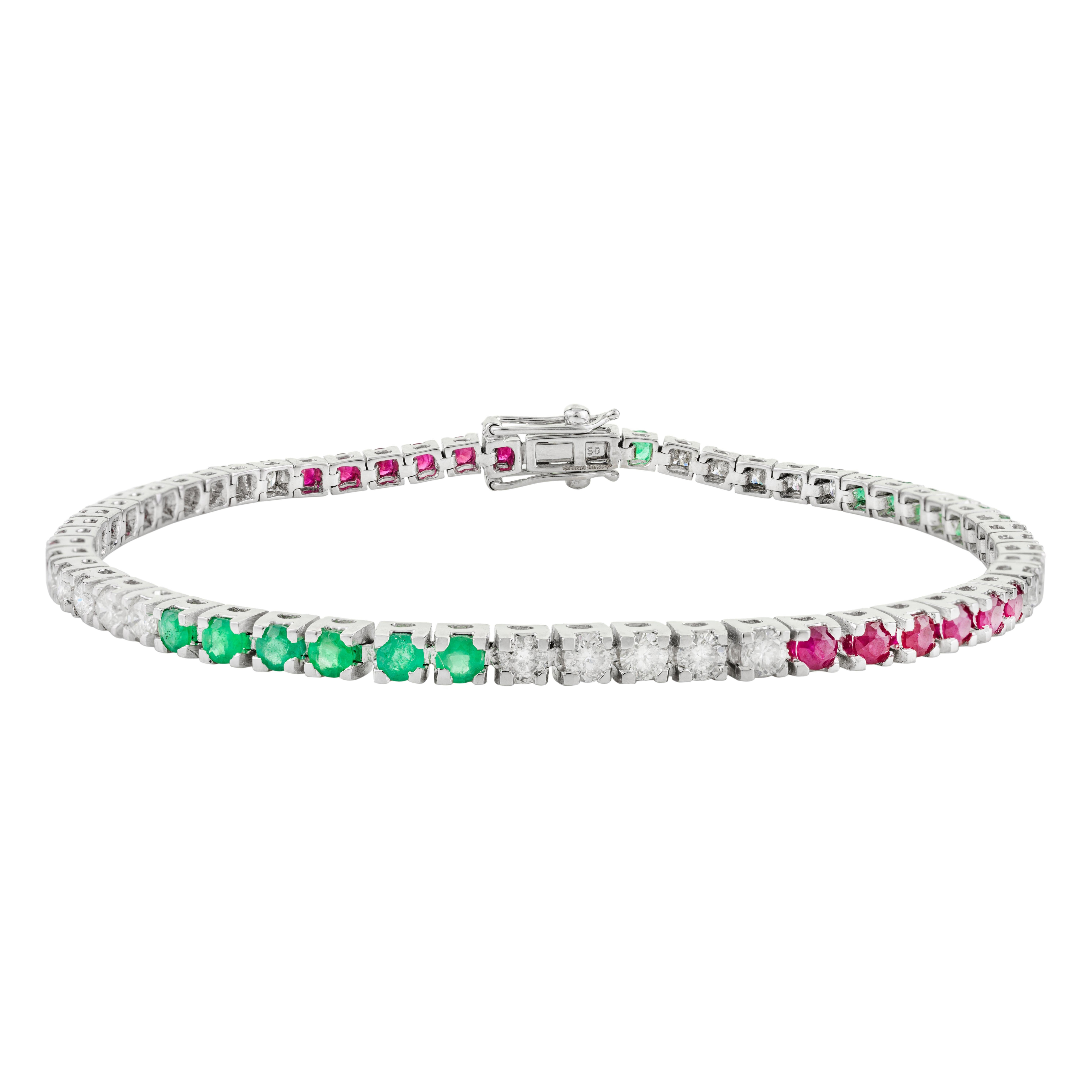 Bracciale tennis elegante in oro bianco 18 carati con smeraldi e rubini vibranti per un regalo