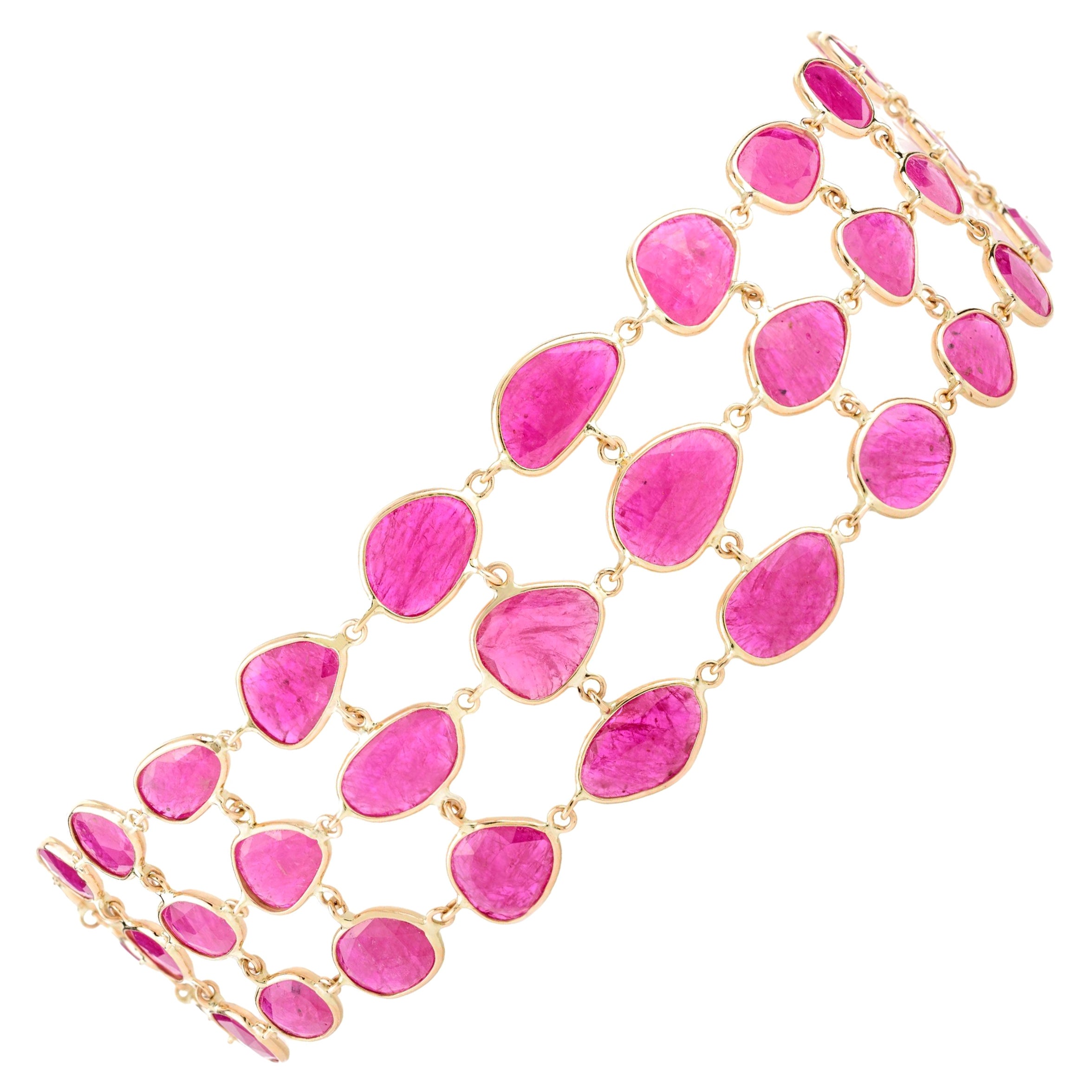 38.6 Carat Uneven Ruby Wide Bracelet for Women in 14k Solid Yellow Gold For Sale