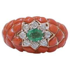 Coral, Emerald, Diamonds, 14 Karat Rose Gold and White Gold Ring.