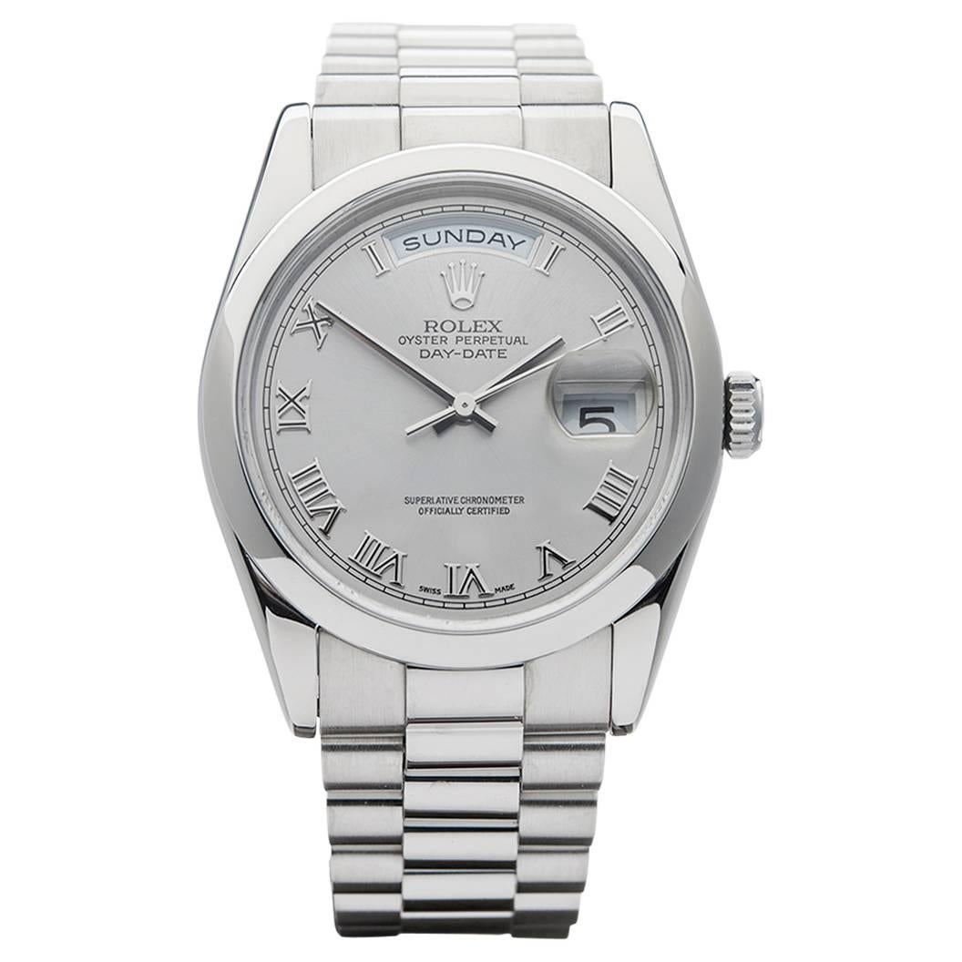 Rolex White Gold Day-Date Silver Baton Dial President Automatic Wristwatch