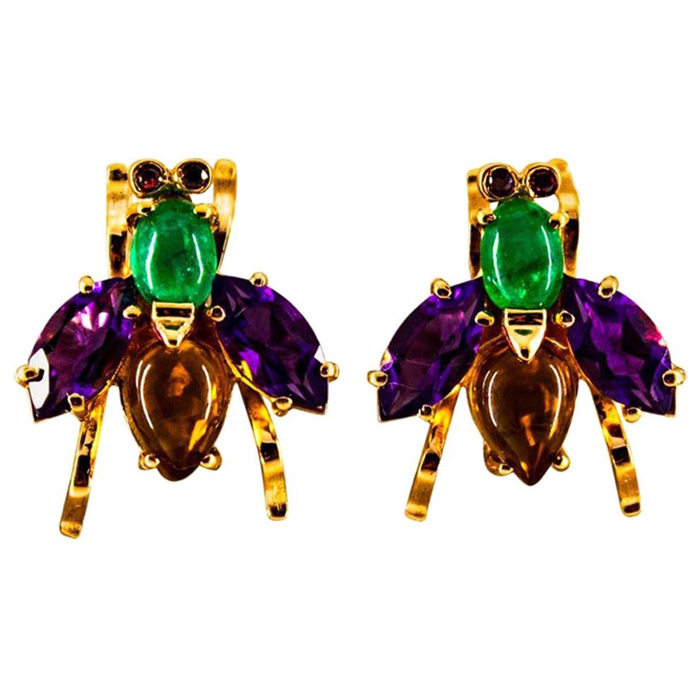 Art Deco Style Emerald Amethyst Citrine Ruby Yellow Gold Stud Flies Earrings
