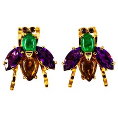 Art Deco Style Emerald Amethyst Citrine Ruby Yellow Gold Stud Flies Earrings