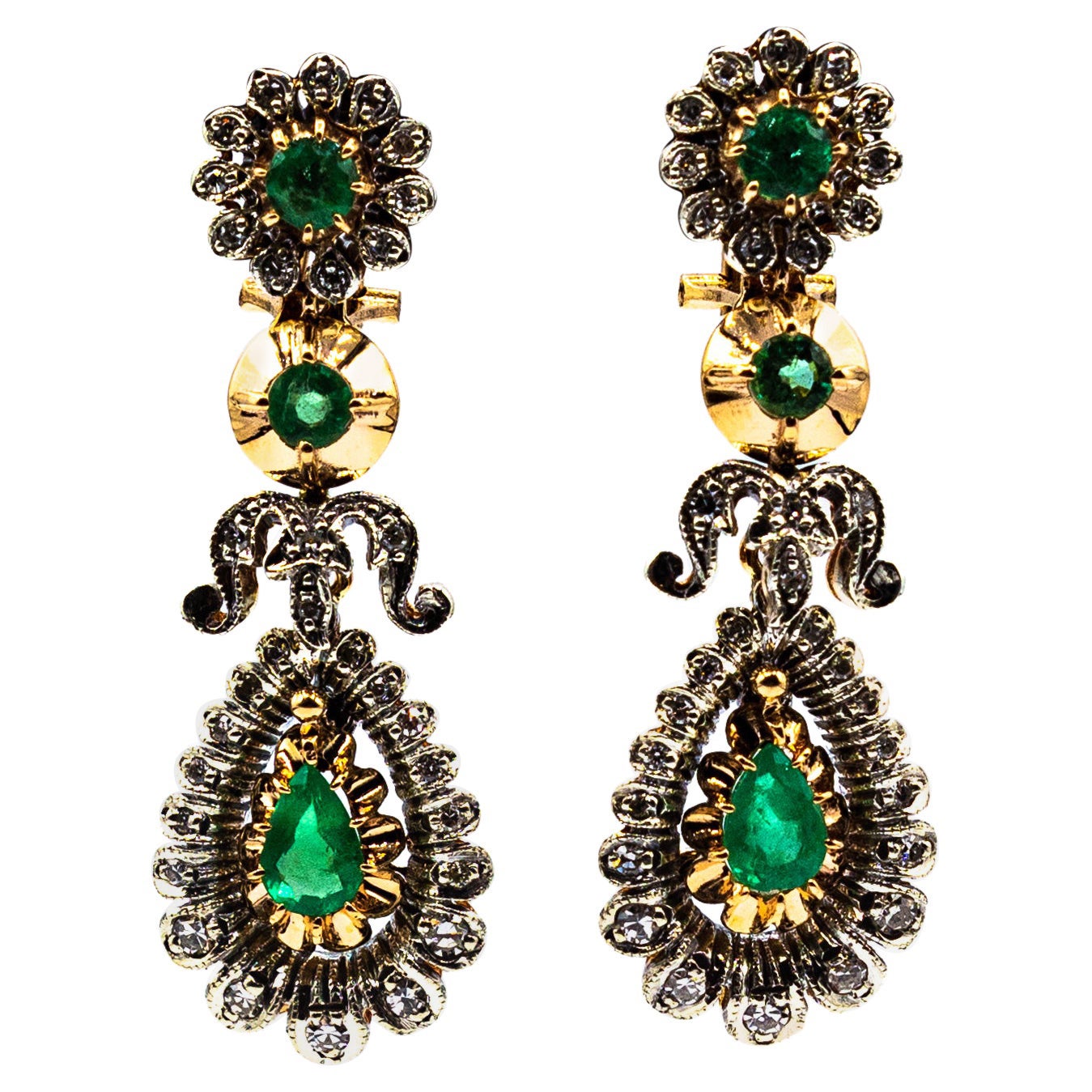 Art Deco Style Handcrafted White Diamond Emerald Yellow Gold Clip-on Earrings