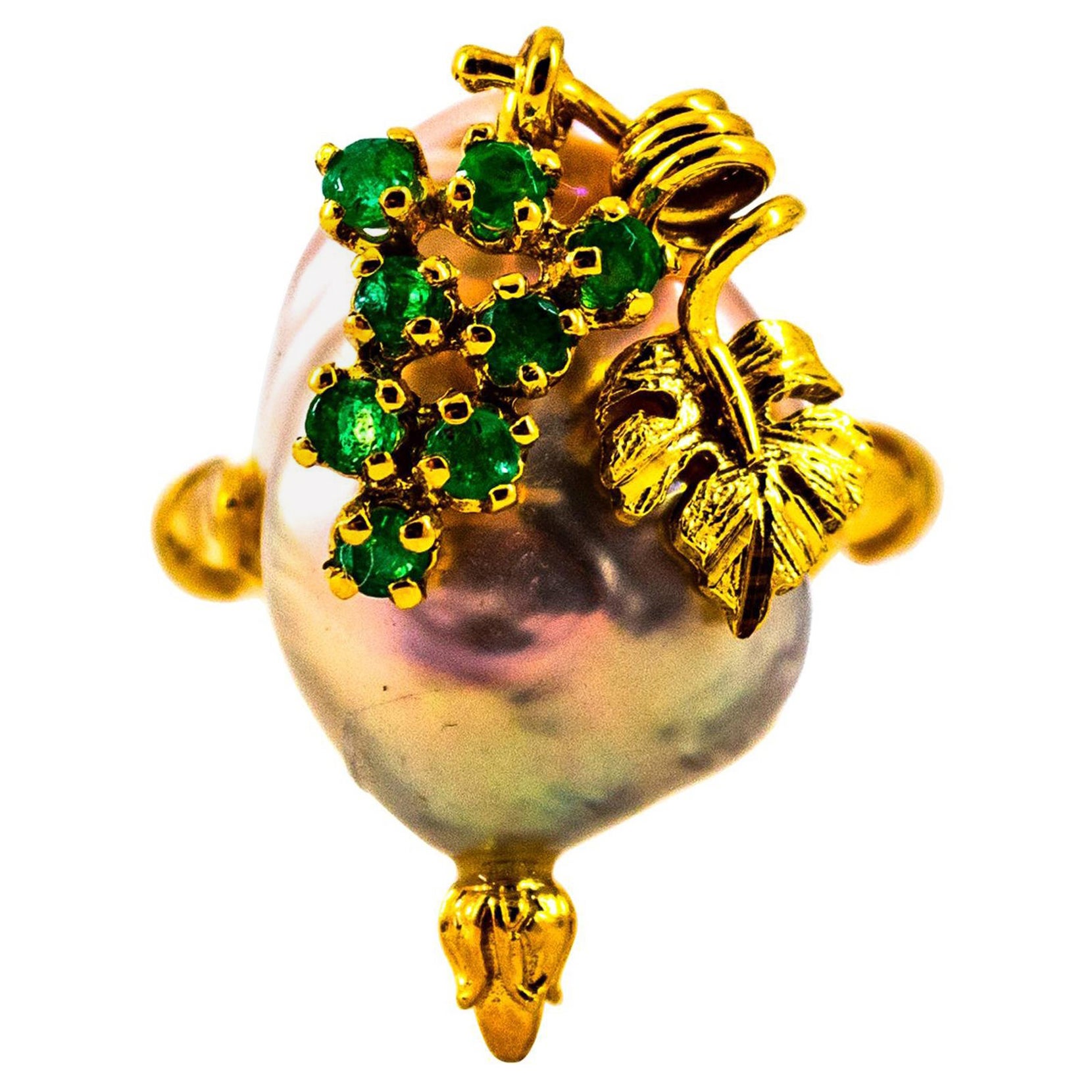 Art Nouveau Style 0.20 Carat Emerald Pearl Yellow Gold Cocktail Ring