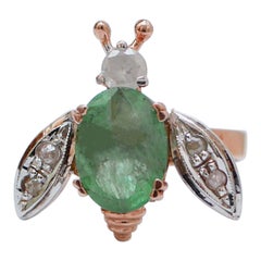 Emerald, Diamonds, Rose Gold and Silver Fly Shape Ring.