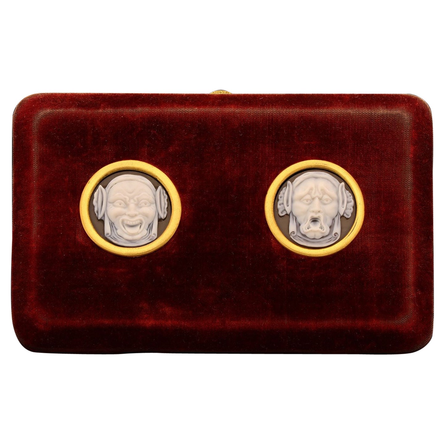 Cartier Unusual Pair of Hardstone Cameos in Red Velvet Frame Circa 1870s