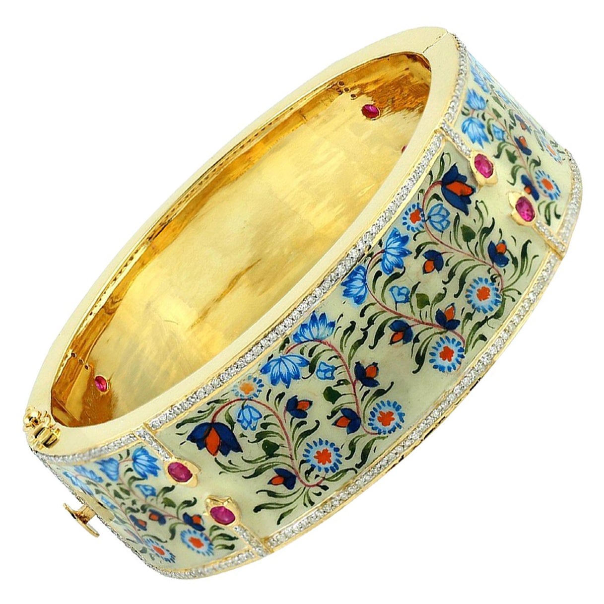 Enamel Ruby Diamond Lotus Bangle Bracelet