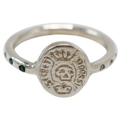Crest Signet Ring Silver Skull Memento Mori  Emerald White Diamond