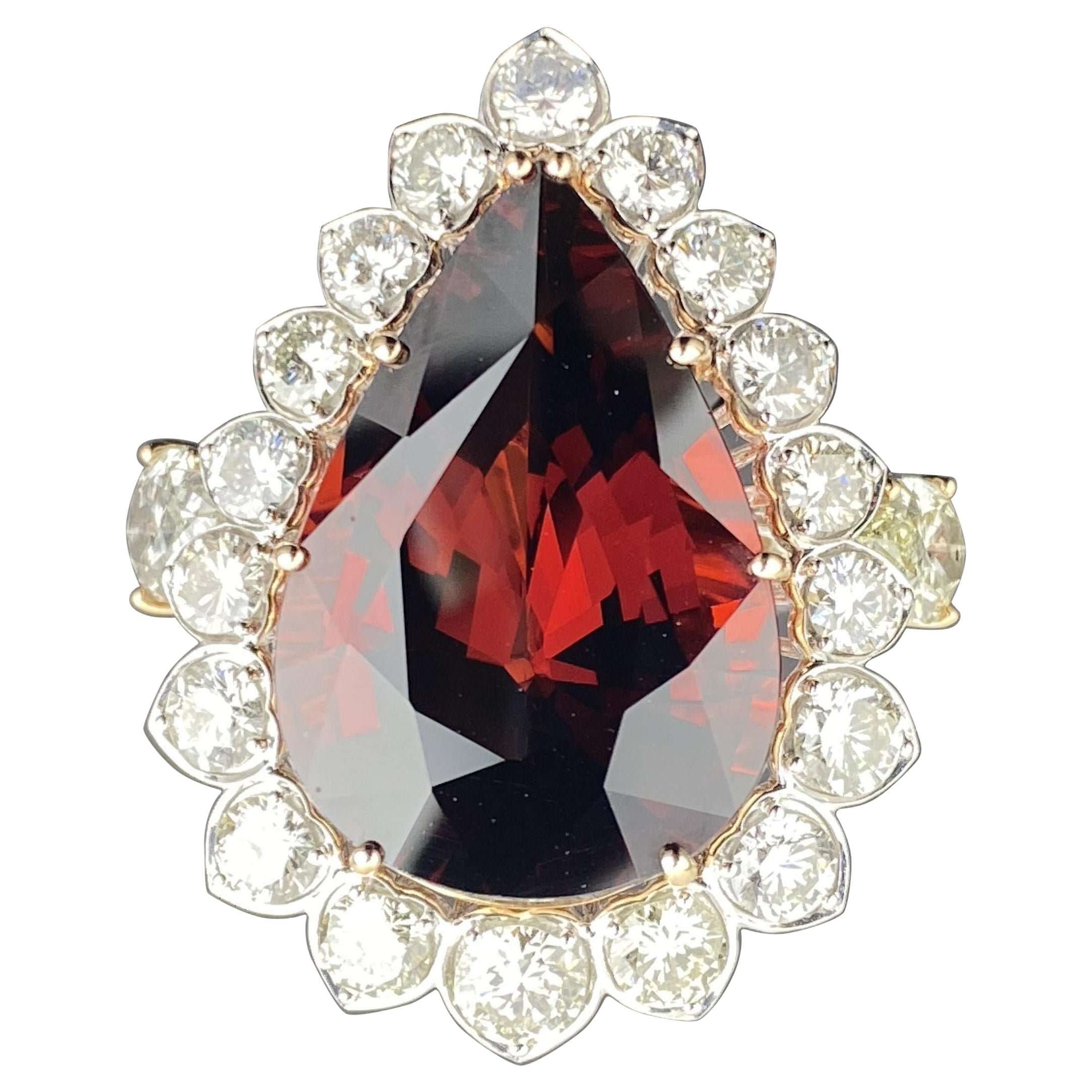 Certified 35 Carat Pear Shape Mandarin Garnet 18K Gold Cocktail Ring