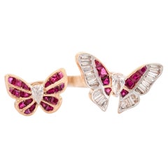 Ruby Diamond Studded Flying Butterflies Open Midi Ring in 18k Solid Rose Gold