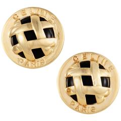 Vintage Celine Womens Onyx Yellow Gold Lattice Clip-On Earrings