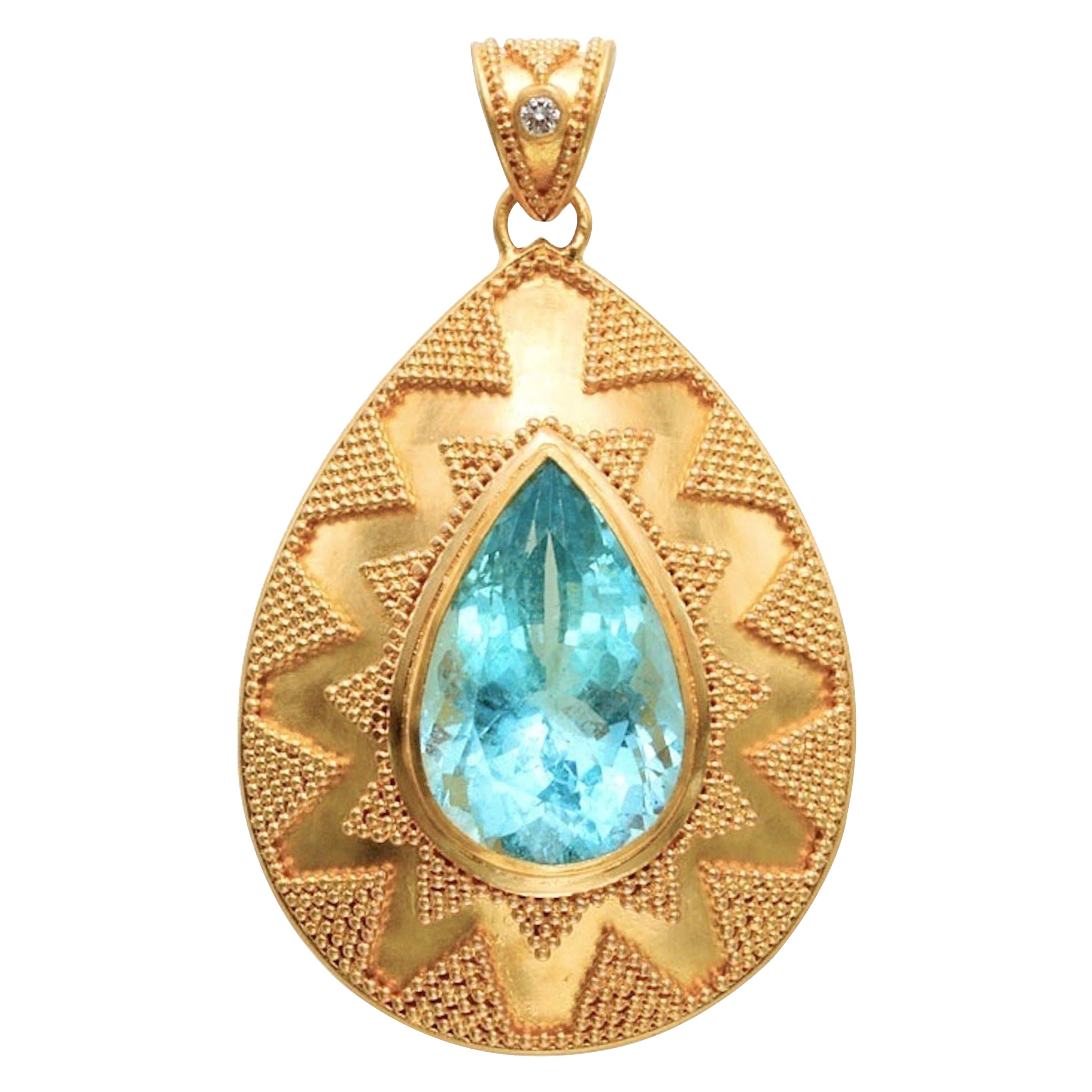 Steven Battelle 11.2 Carats Aquamarine Diamond 22K Gold Pendant