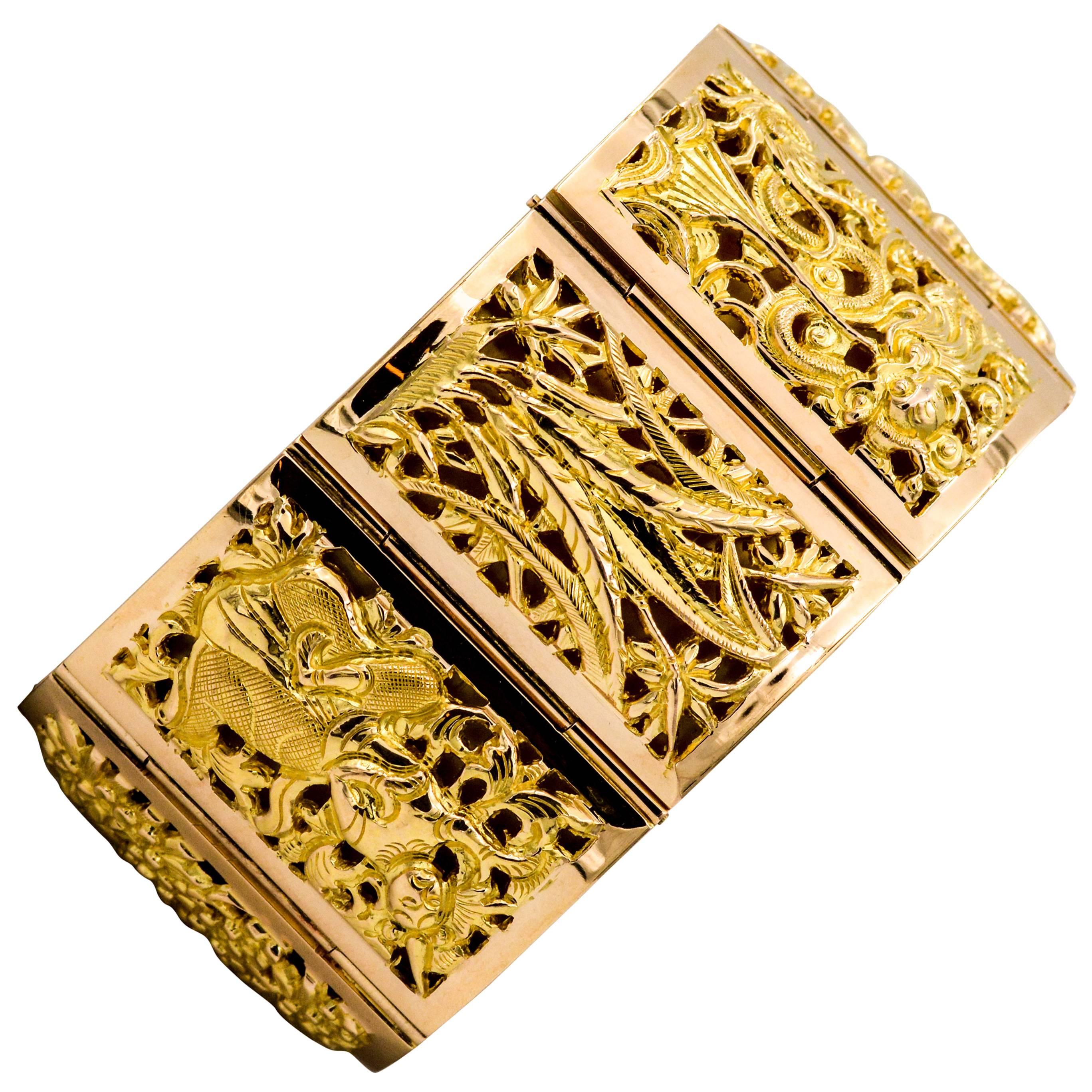 Asian Four Seasons Panel 18 Karat Yellow Gold Bracelet