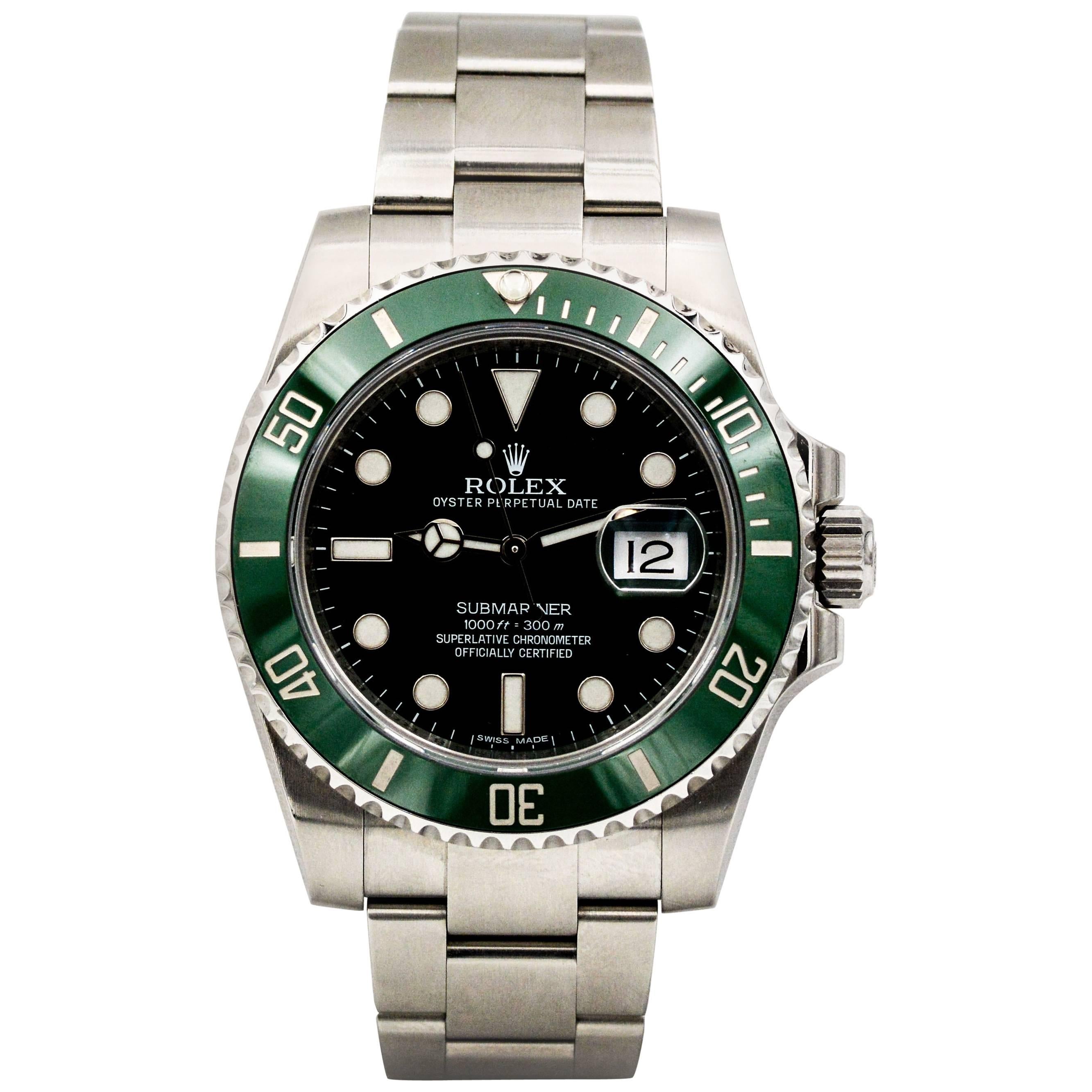 Rolex Stainless Steel Submariner Hulk Green Dial Wristwatch