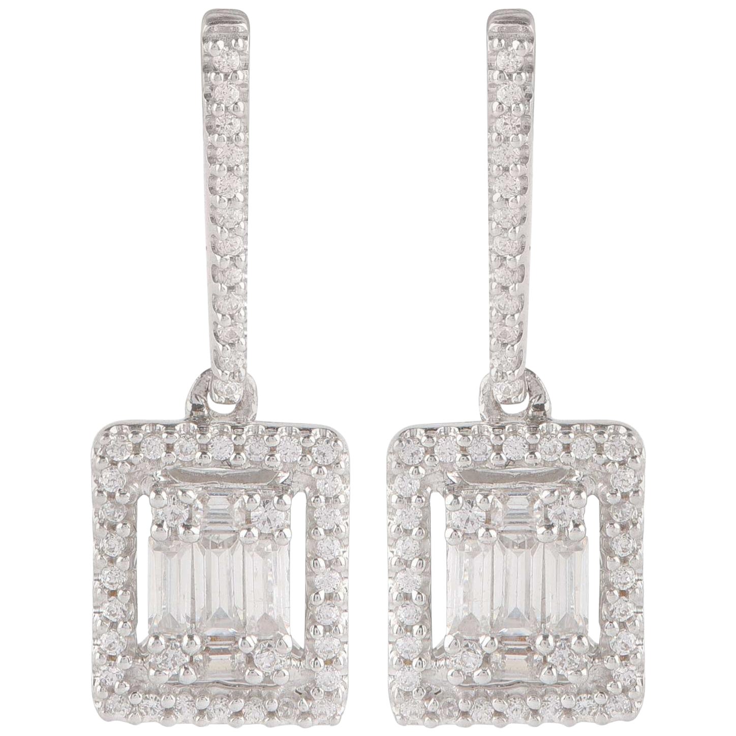 TJD 0.33 Carat Round and Baguette Diamond 18 Karat White Gold Halo Drop Earrings For Sale