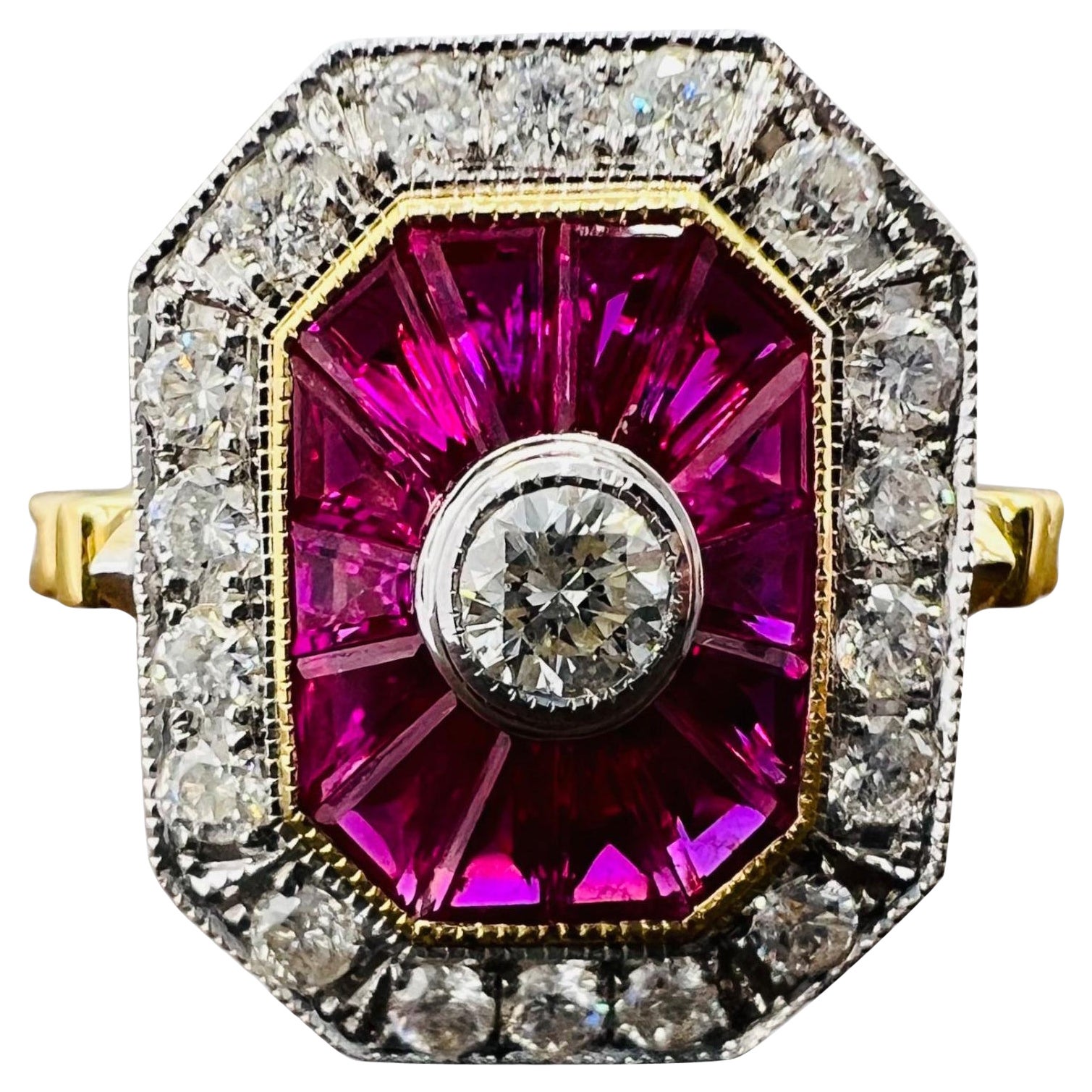 Engagement Ring in 18 Carat Gold Set with Calibrated Rubies and Diamonds