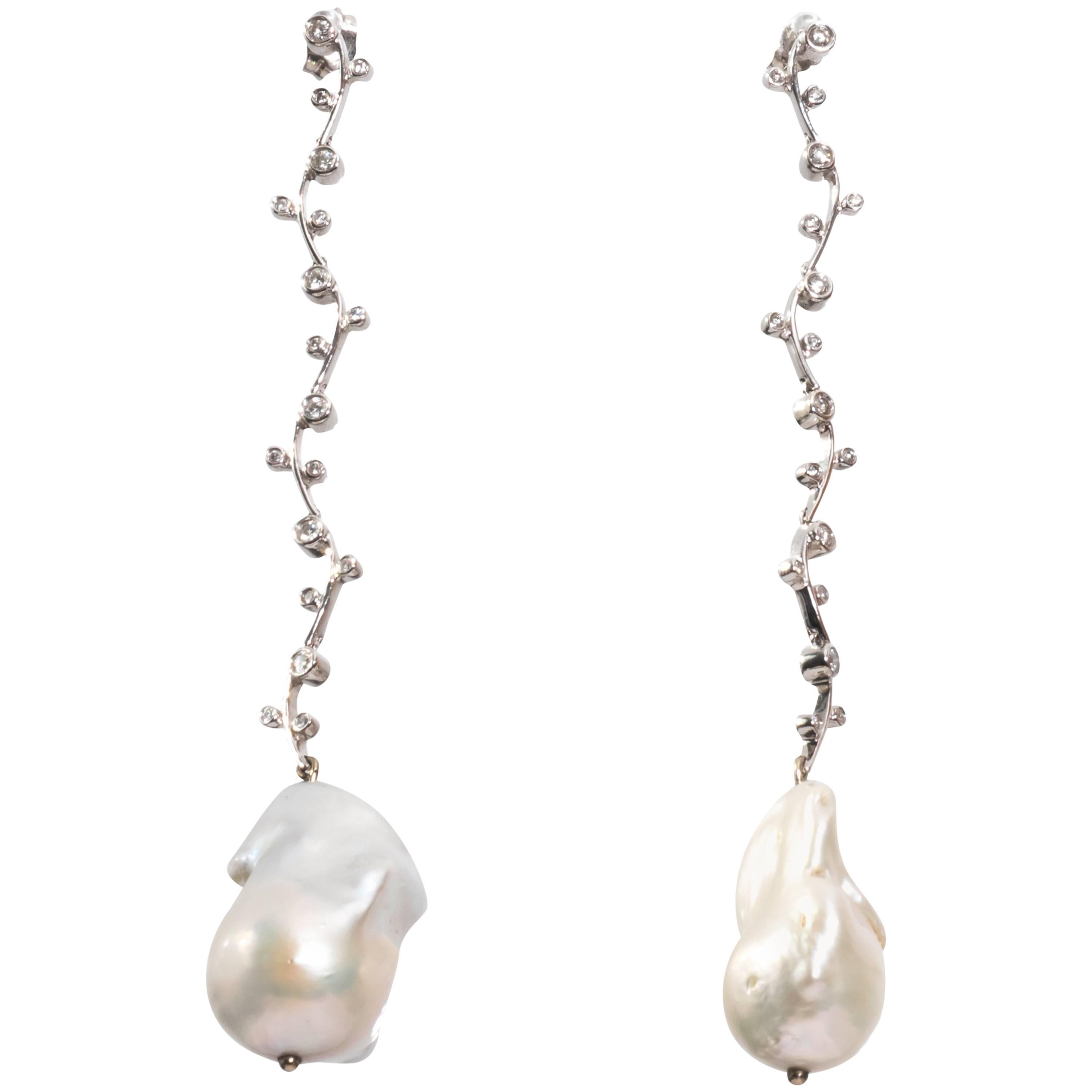 Pearl and Diamond Dangling Drop Earrings For Sale
