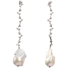 Pearl and Diamond Dangling Drop Earrings