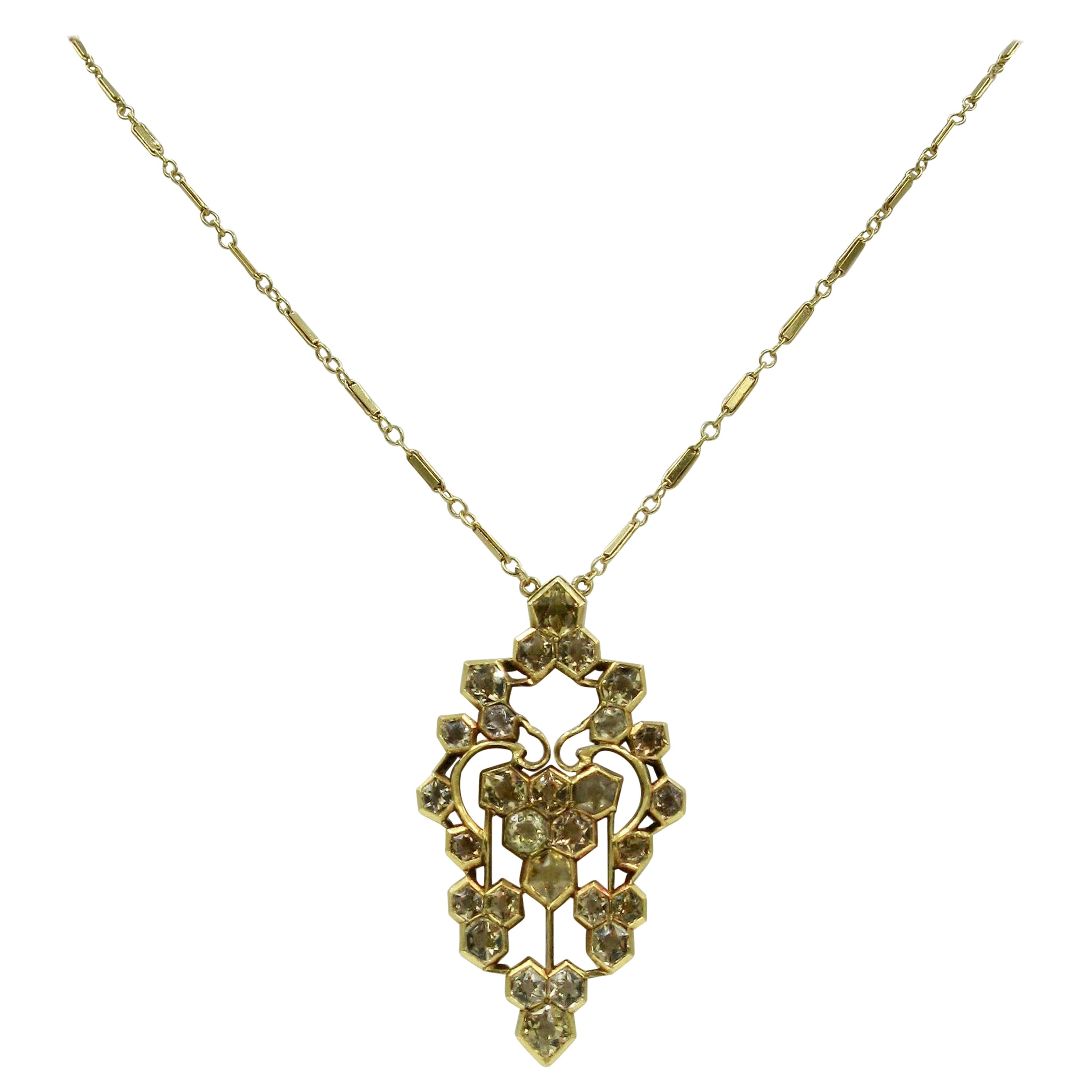 Citrine 14 Karat Yellow Gold Art Deco Pendant Necklace Antique, circa 1920 For Sale