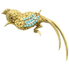 Vintage  Persian Turquoise Gold  Bird of Paradise Brooch 