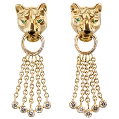 Retro CARTIER Panther Diamond Emerald Onyx  Yellow Gold Earrings