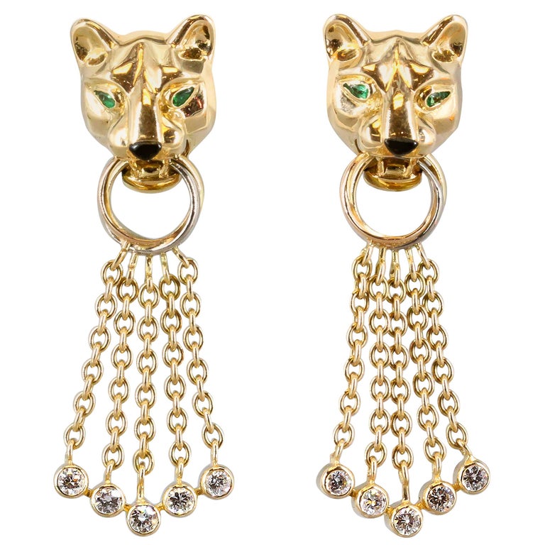 CARTIER Panther Diamond Emerald Onyx Yellow Gold Earrings at 1stDibs