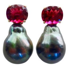 Michael Kneebone Rubelite Tourmaline Baroque Tahitian Pearl Earrings