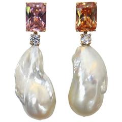 Michael Kneebone Burmese Zircon Diamond Baroque Pearl Dangle Earrings