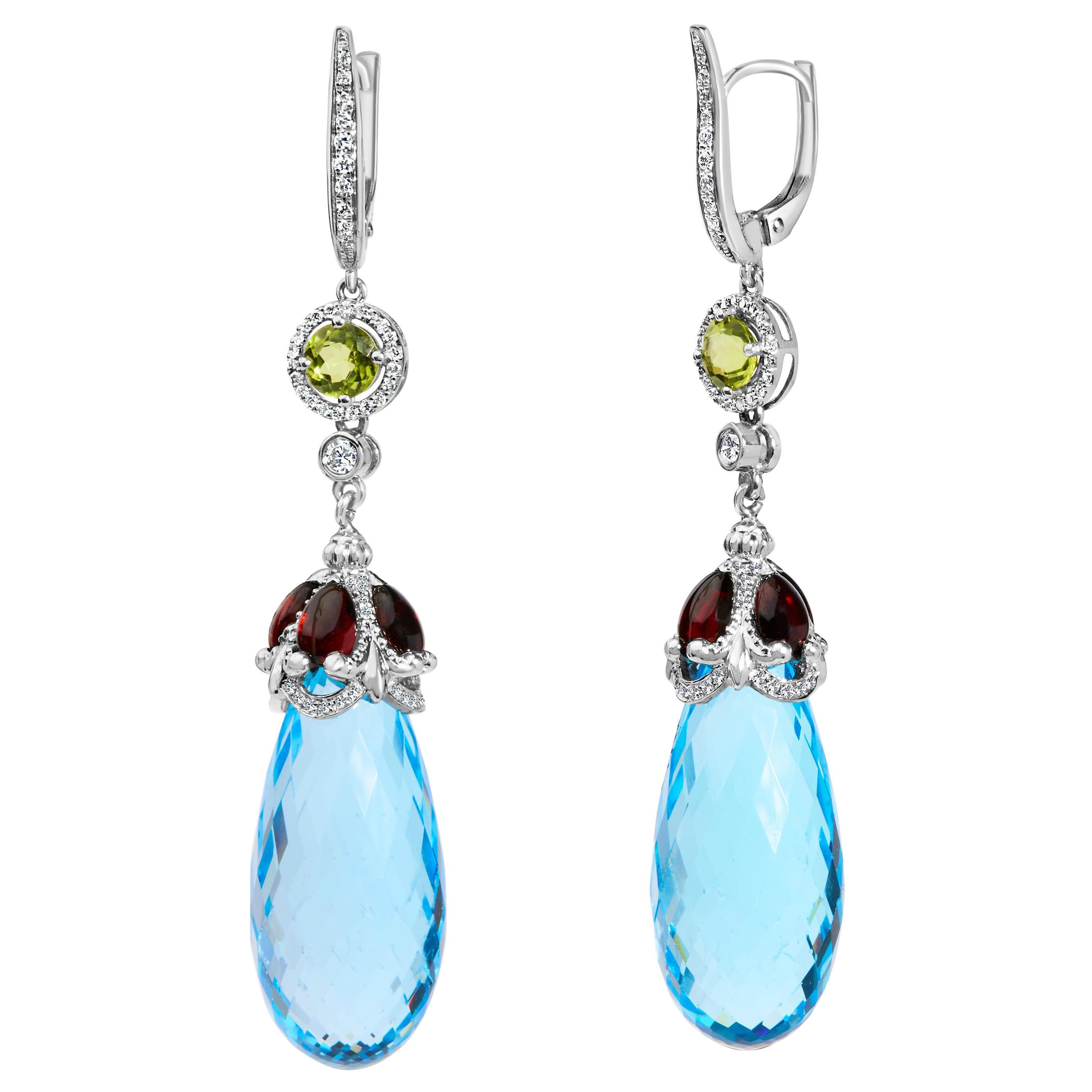 18K White Gold 1/2 Cttw Diamond and 22mm Blue Topaz and Garnet Dangle Earrings For Sale