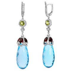18K White Gold 1/2 Cttw Diamond and 22mm Blue Topaz and Garnet Dangle Earrings