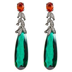 Pendientes Colgantes y de Gota de Oro Blanco de 18 K y 1/2 qt de Diamante y Cuarzo Verde