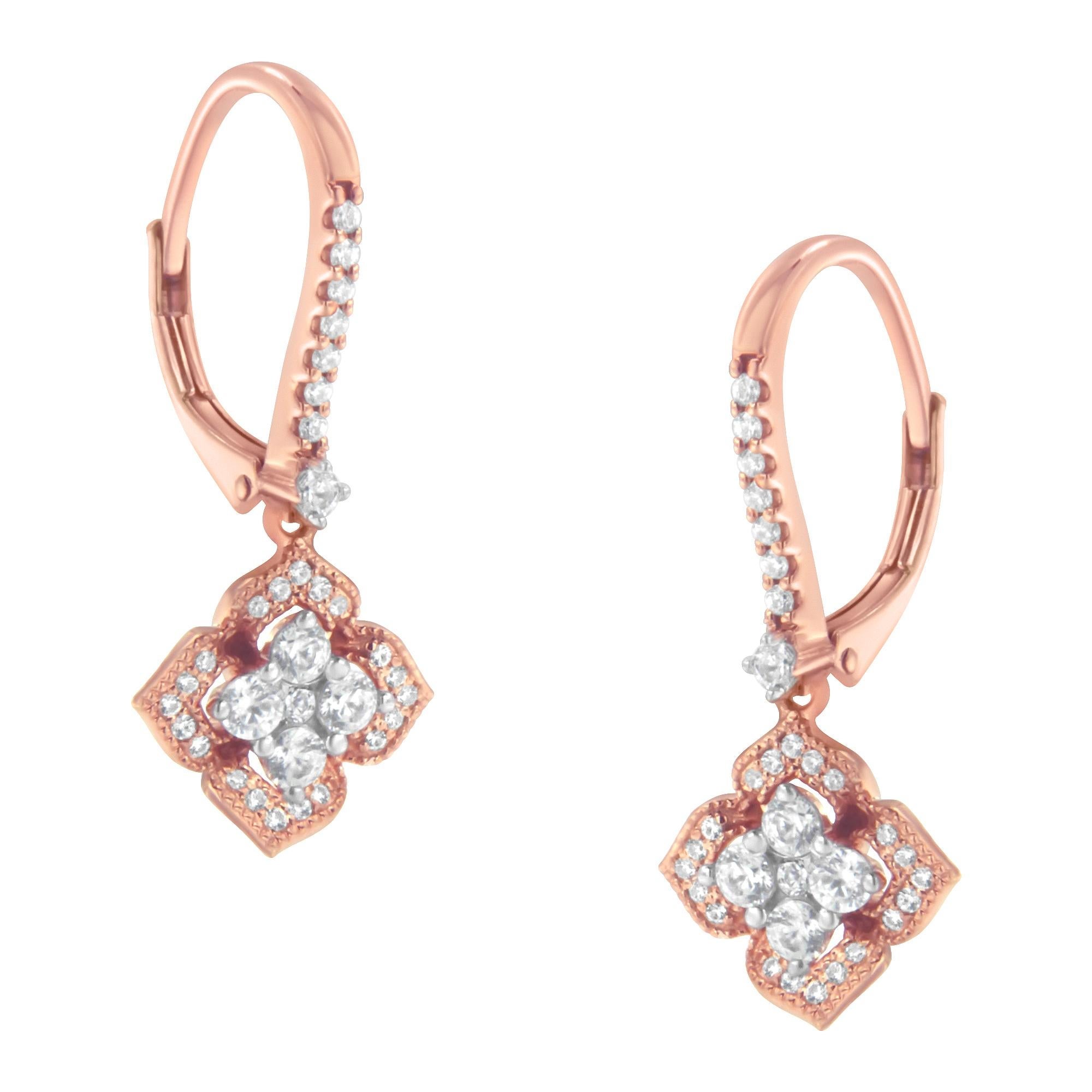 10K Rose Gold 3/4 Cttw Diamond Flower Drop Dangle Earrings